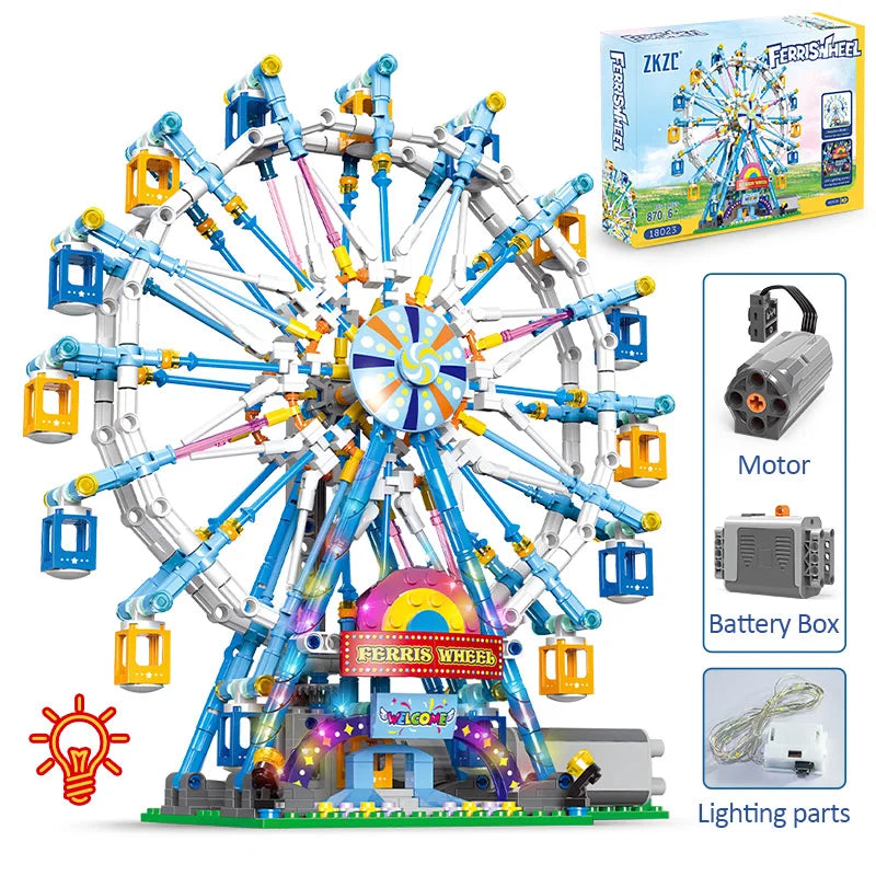 MOC Rotating Ferris Wheel Building Blocks - Electric Bricks with Light for Kids