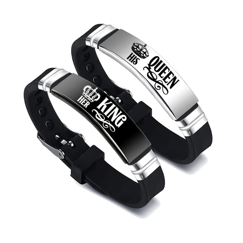 His Queen & Her King Couple Bracelets – Stainless Steel Adjustable Silicone Strap (Set of 2)