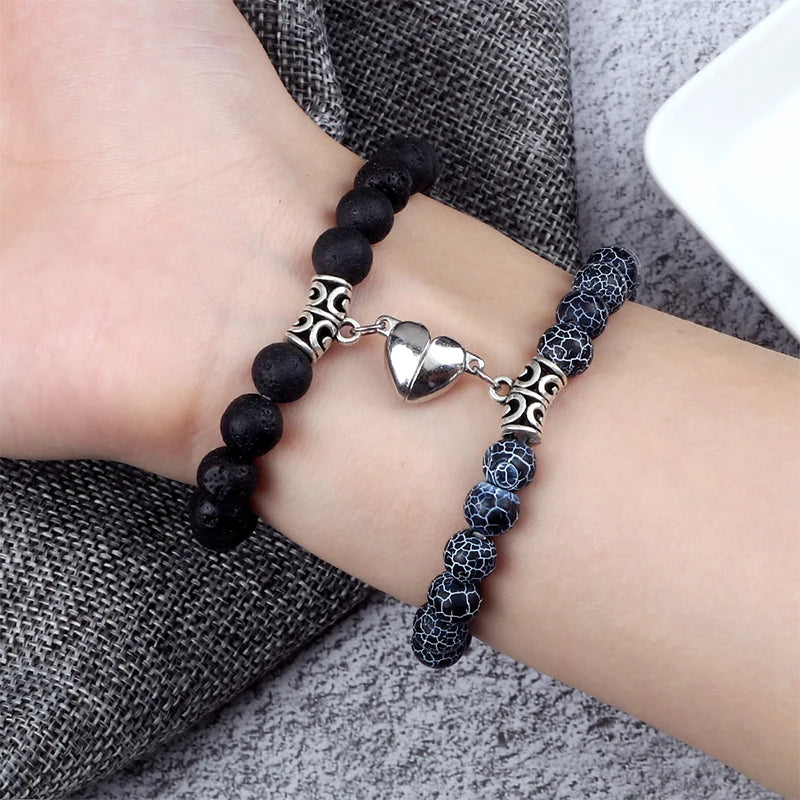 2Pcs/Set Beads Bracelet For Lovers Natural Stone Distance Heart Magnet Couple Bracelets Friendship Fashion Jewelry Gift