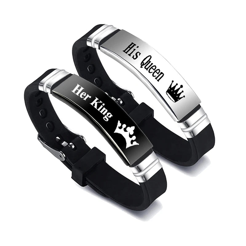 His Queen & Her King Couple Bracelets – Stainless Steel Adjustable Silicone Strap (Set of 2)