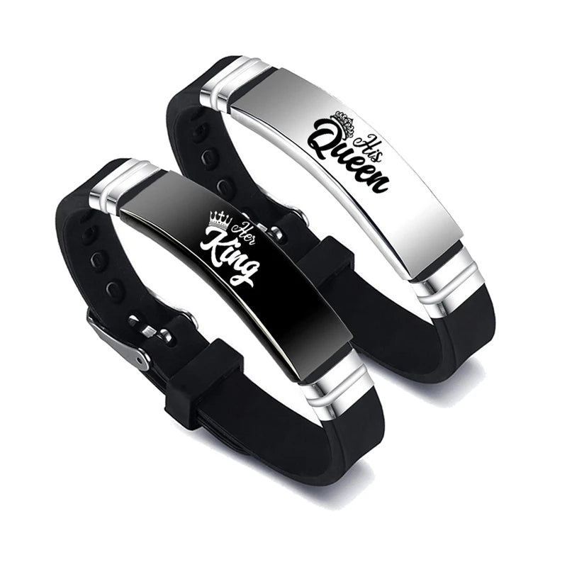 His Queen & Her King Couple Bracelets – Stainless Steel Adjustable Silicone Strap (Set of 2)