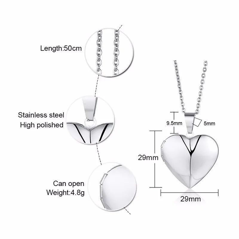 Heart Locket Pendant Necklace for Women & Men - Openable Stainless Steel Photo Frame