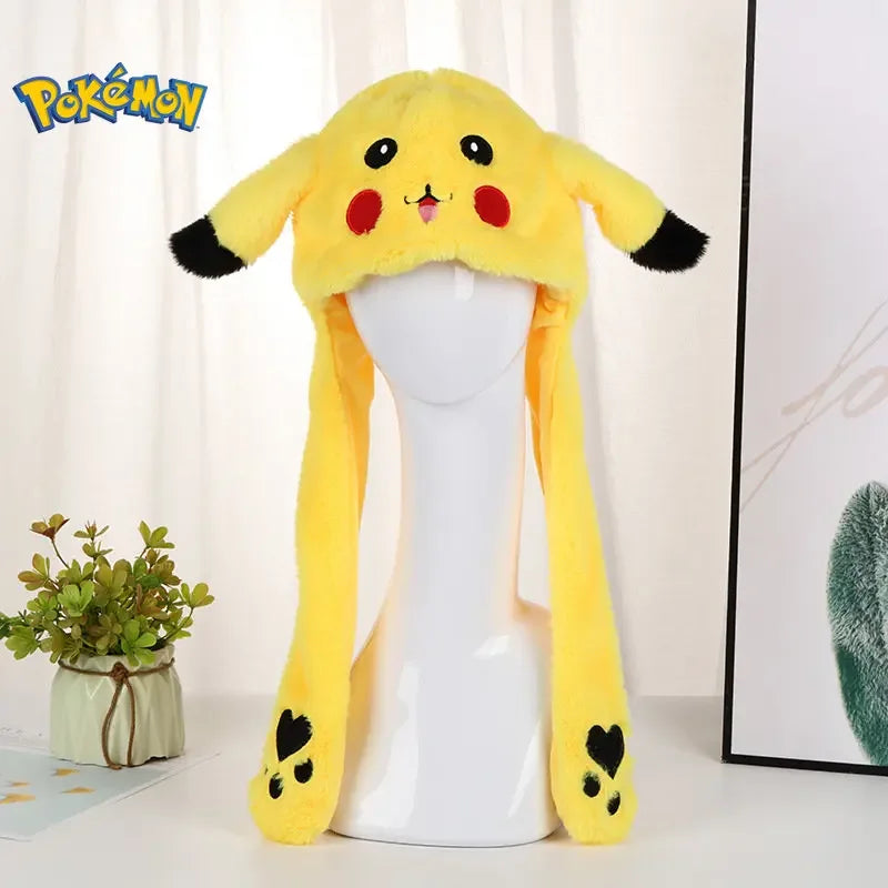 Pikachu Pokemon Anime Plush Hat with Flashing Bunny Ears – Cute Cartoon Hat with Movable Ears, Stuffed Plush Doll Gift