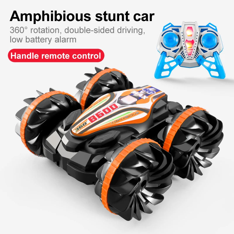 LED Amphibious RC Stunt Car – Dual Remote Control, Waterproof, 360° Flip & Drift