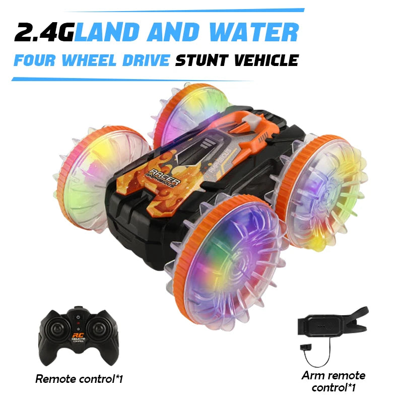 LED Amphibious RC Stunt Car – Dual Remote Control, Waterproof, 360° Flip & Drift