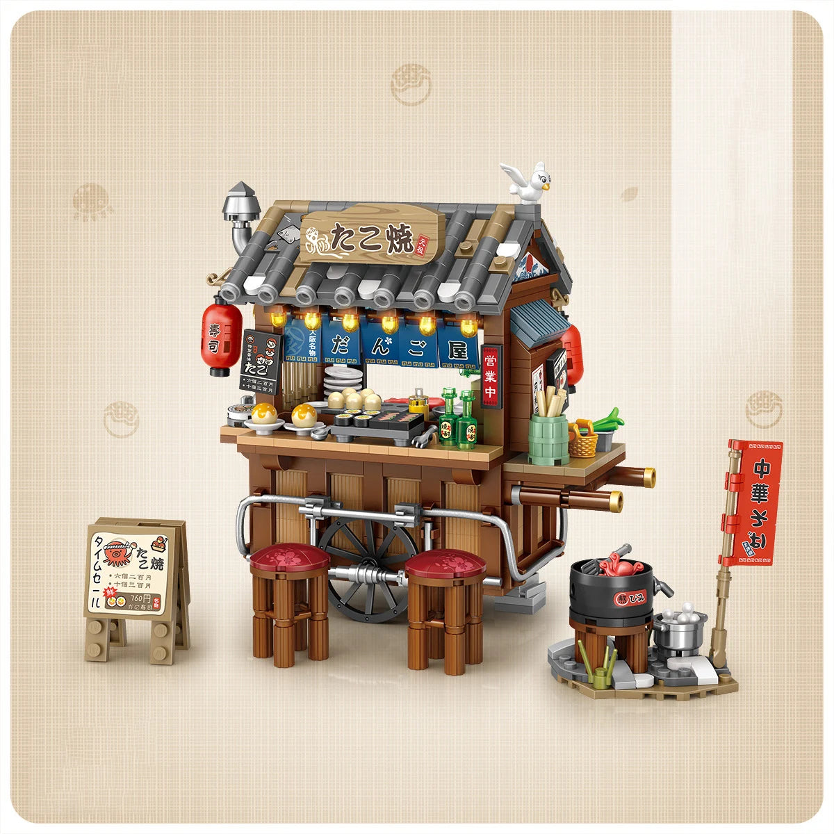 street view building blocks set – izakaya, takoyaki, shaved ice shop, coffee shop, panda tea house model