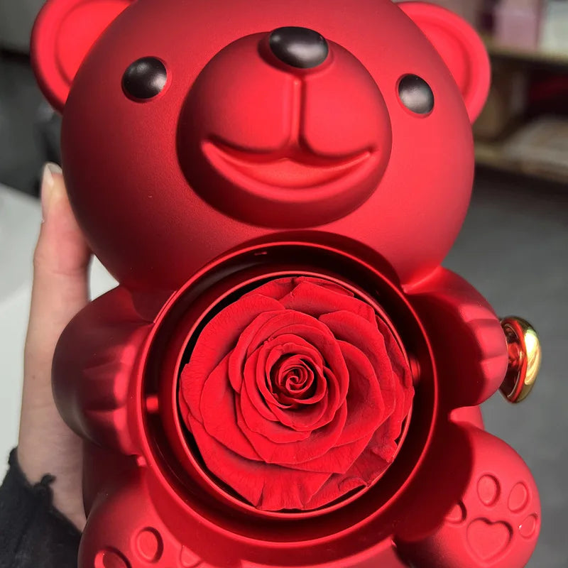 Eternal Rose Teddy Bear Gift Box with Necklace with Rotating Rose Jewelry Box