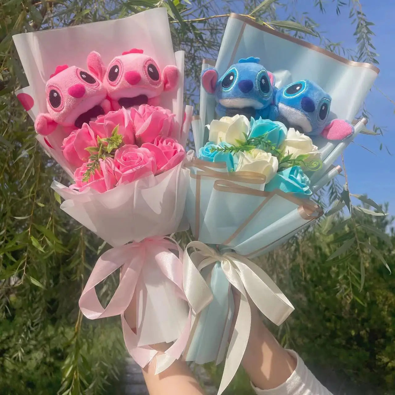 Cartoon Anime KT Cat, Stitch, Jack Skellington Plush Doll Bouquets - Perfect for Graduation, Birthday, Christmas, and Valentine’s Gifts