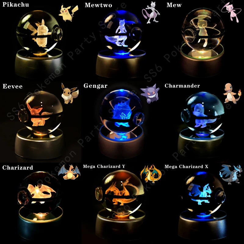 3D Pokemon Crystal Ball Night Light with LED Base – Pikachu, Gengar, Mew, and More