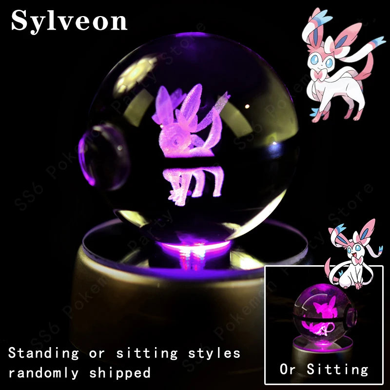 3D Pokemon Crystal Ball Night Light with LED Base – Pikachu, Gengar, Mew, and More