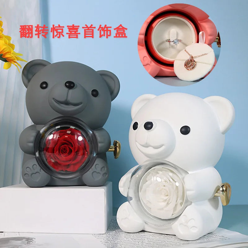 Eternal Rose Teddy Bear Gift Box with Necklace with Rotating Rose Jewelry Box