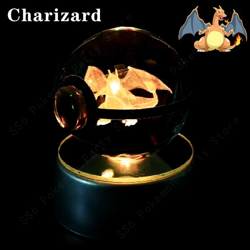 3D Pokemon Crystal Ball Night Light with LED Base – Pikachu, Gengar, Mew, and More