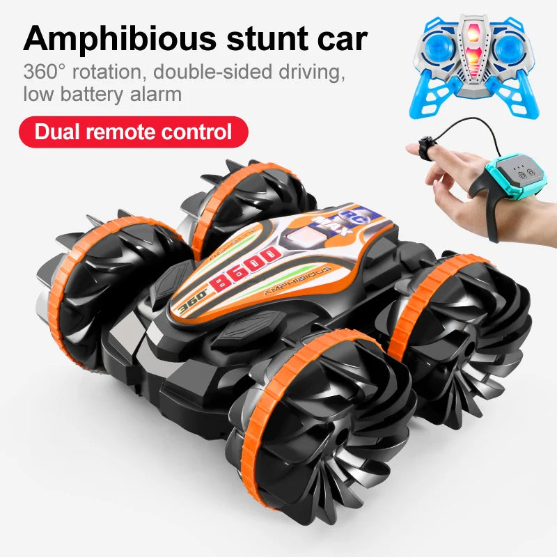 LED Amphibious RC Stunt Car – Dual Remote Control, Waterproof, 360° Flip & Drift