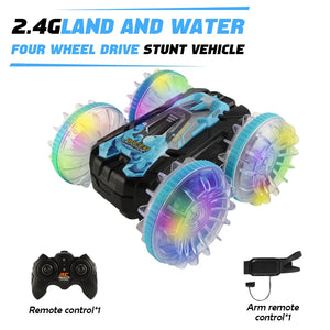 LED Amphibious RC Stunt Car – Dual Remote Control, Waterproof, 360° Flip & Drift