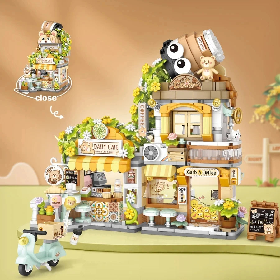 street view building blocks set – izakaya, takoyaki, shaved ice shop, coffee shop, panda tea house model