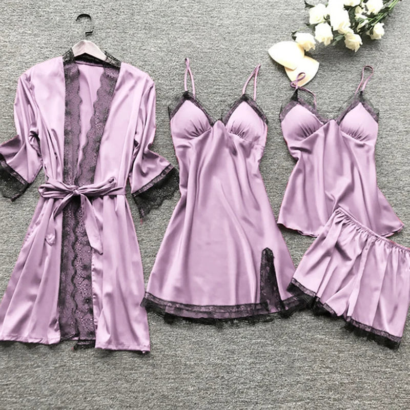 4 Pieces Women's Sexy Lace Pajamas - V-Neck Nightdress with Chest Pads for Summer Comfort