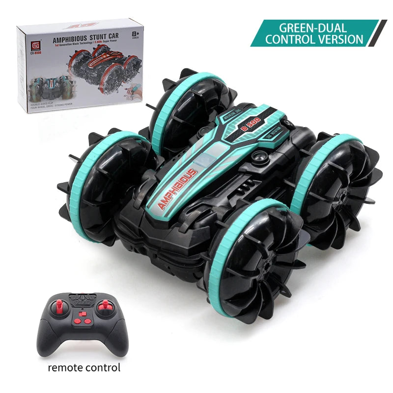 LED Amphibious RC Stunt Car – Dual Remote Control, Waterproof, 360° Flip & Drift