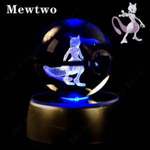 3D Pokemon Crystal Ball Night Light with LED Base – Pikachu, Gengar, Mew, and More