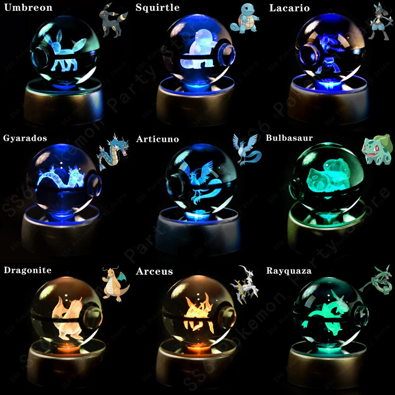 3D Pokemon Crystal Ball Night Light with LED Base – Pikachu, Gengar, Mew, and More