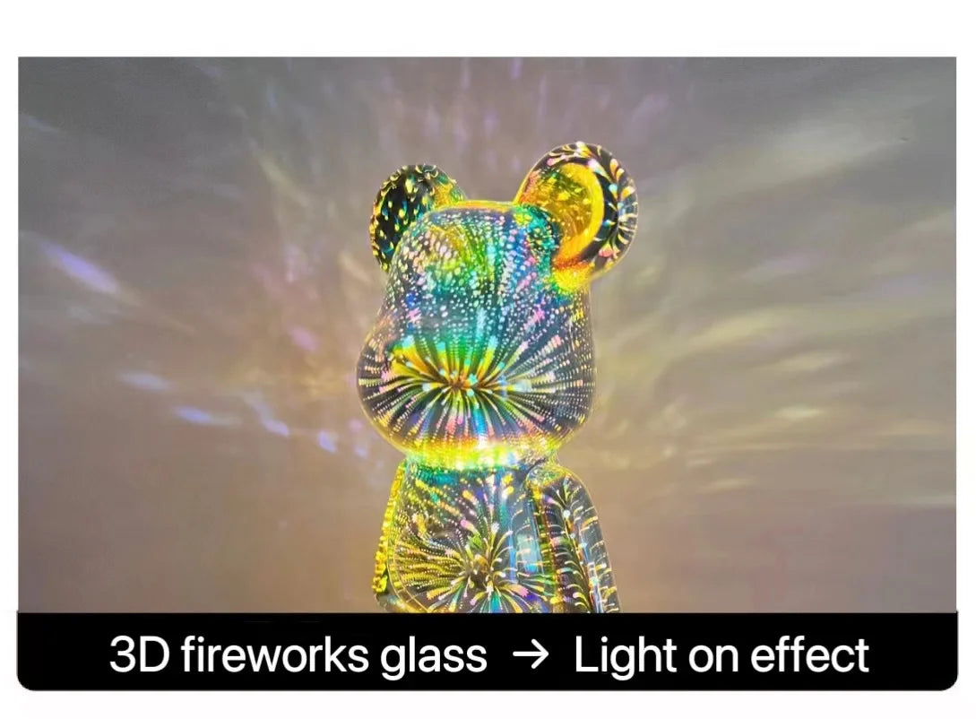 LED 3D Bear Firework Night Light - USB Projector Lamp with Color-Changing Ambient Lighting for Children’s Room & Bedroom Decoration