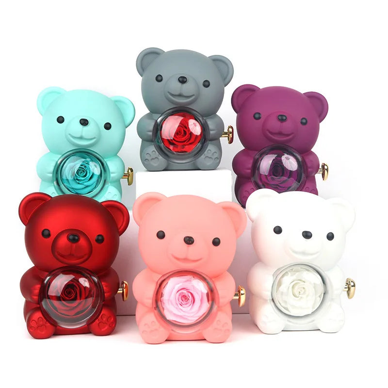 Eternal Rose Teddy Bear Gift Box with Necklace with Rotating Rose Jewelry Box