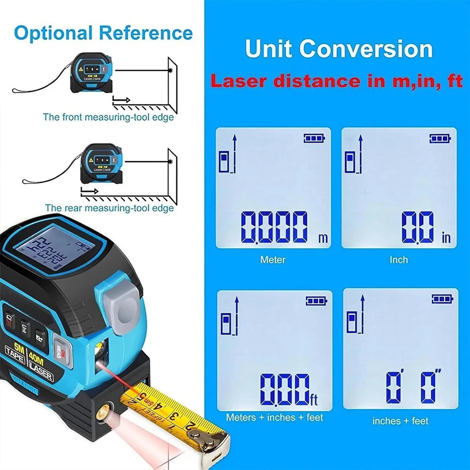 3-in-1 Laser Tape Measure | 40/60M High Precision Measuring Tool with Digital Display & Steel Tape