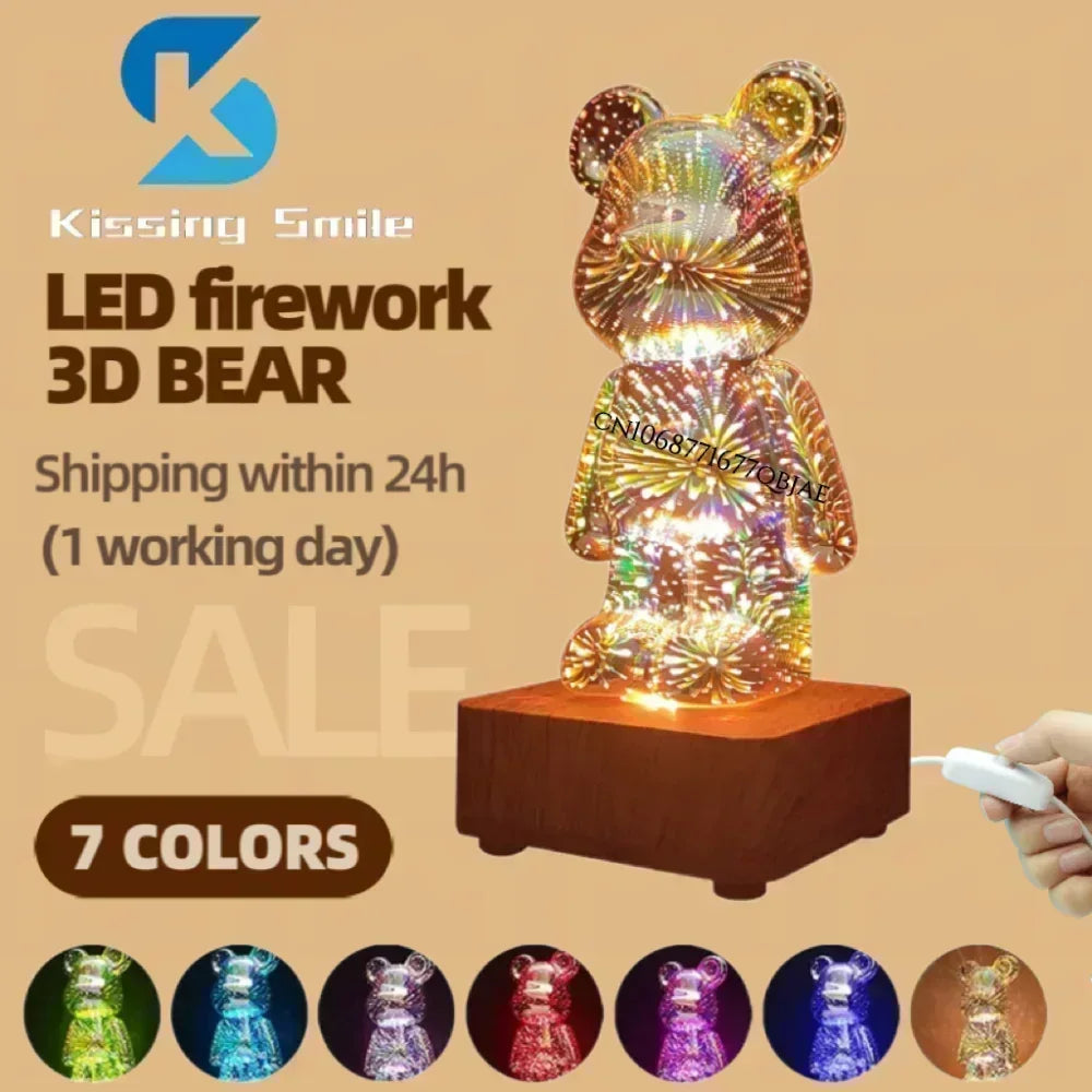 LED 3D Bear Firework Night Light - USB Projector Lamp with Color-Changing Ambient Lighting for Children’s Room & Bedroom Decoration