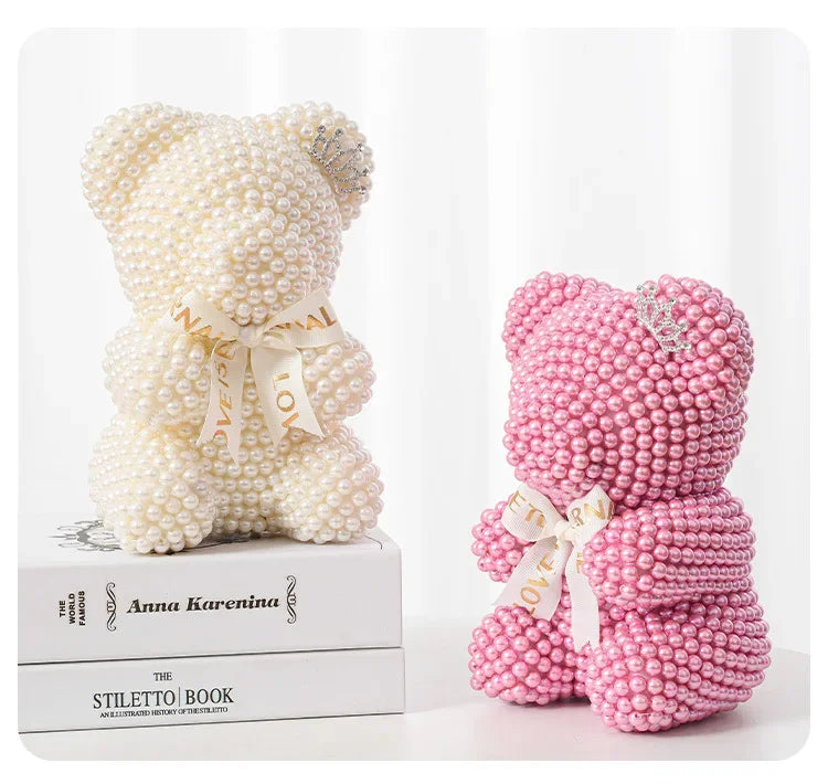 Creative Pearl Bear with Artificial Flowers - Everlasting Gift