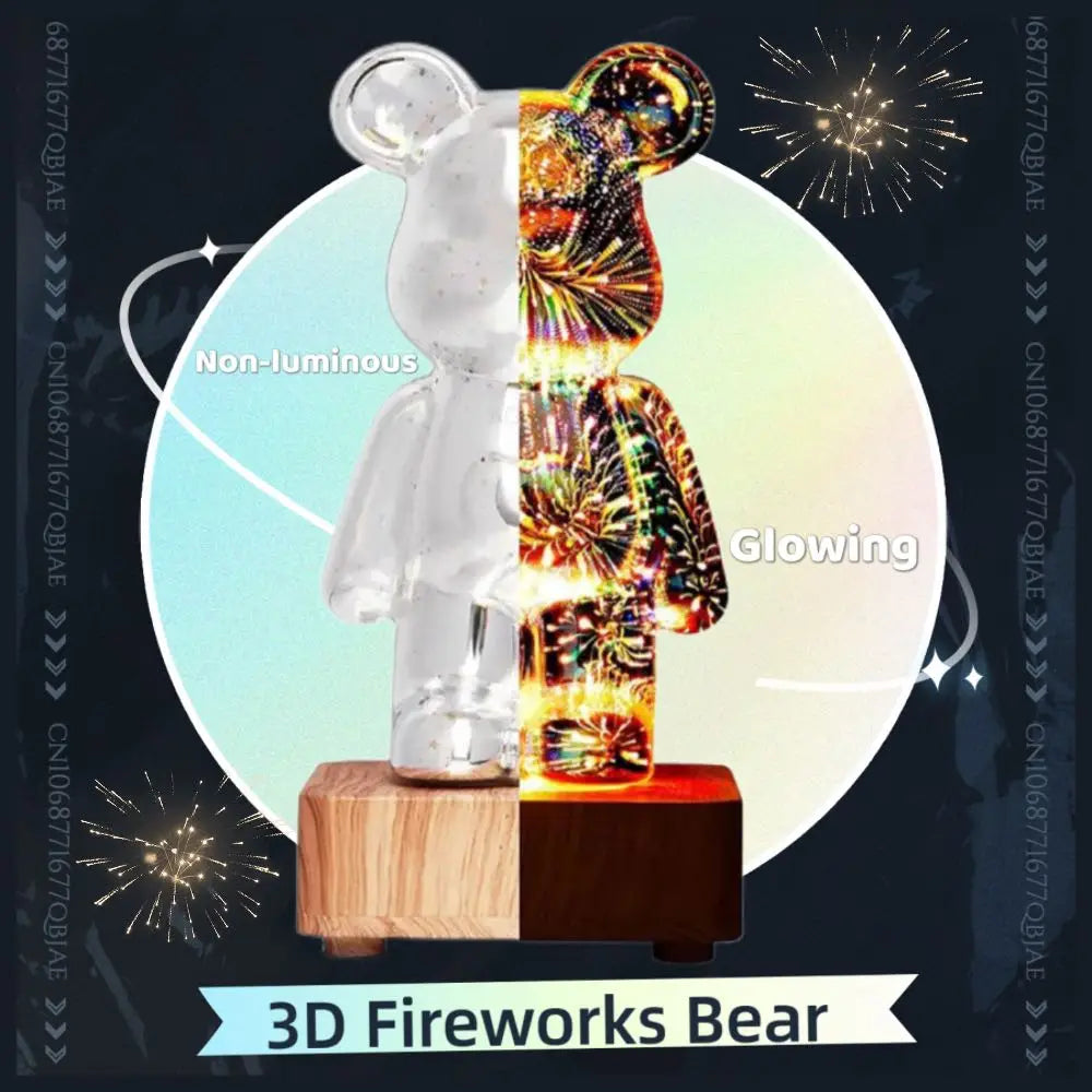 LED 3D Bear Firework Night Light - USB Projector Lamp with Color-Changing Ambient Lighting for Children’s Room & Bedroom Decoration