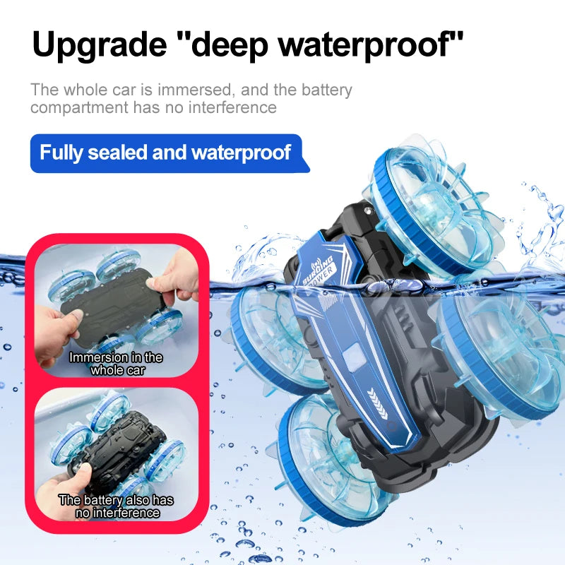 LED Amphibious RC Stunt Car – Dual Remote Control, Waterproof, 360° Flip & Drift