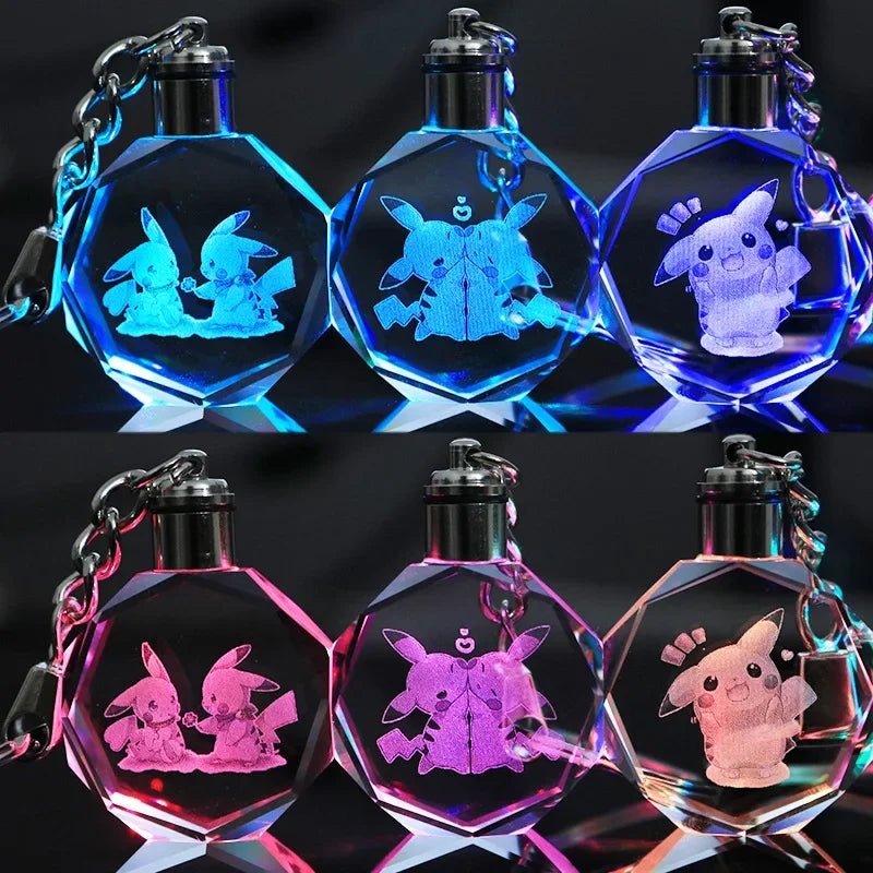 Anime Pokémon Pikachu Colorful Crystal Lamp Keychain – Night Light Pendant for Car Keys, Accessories, and Gifts