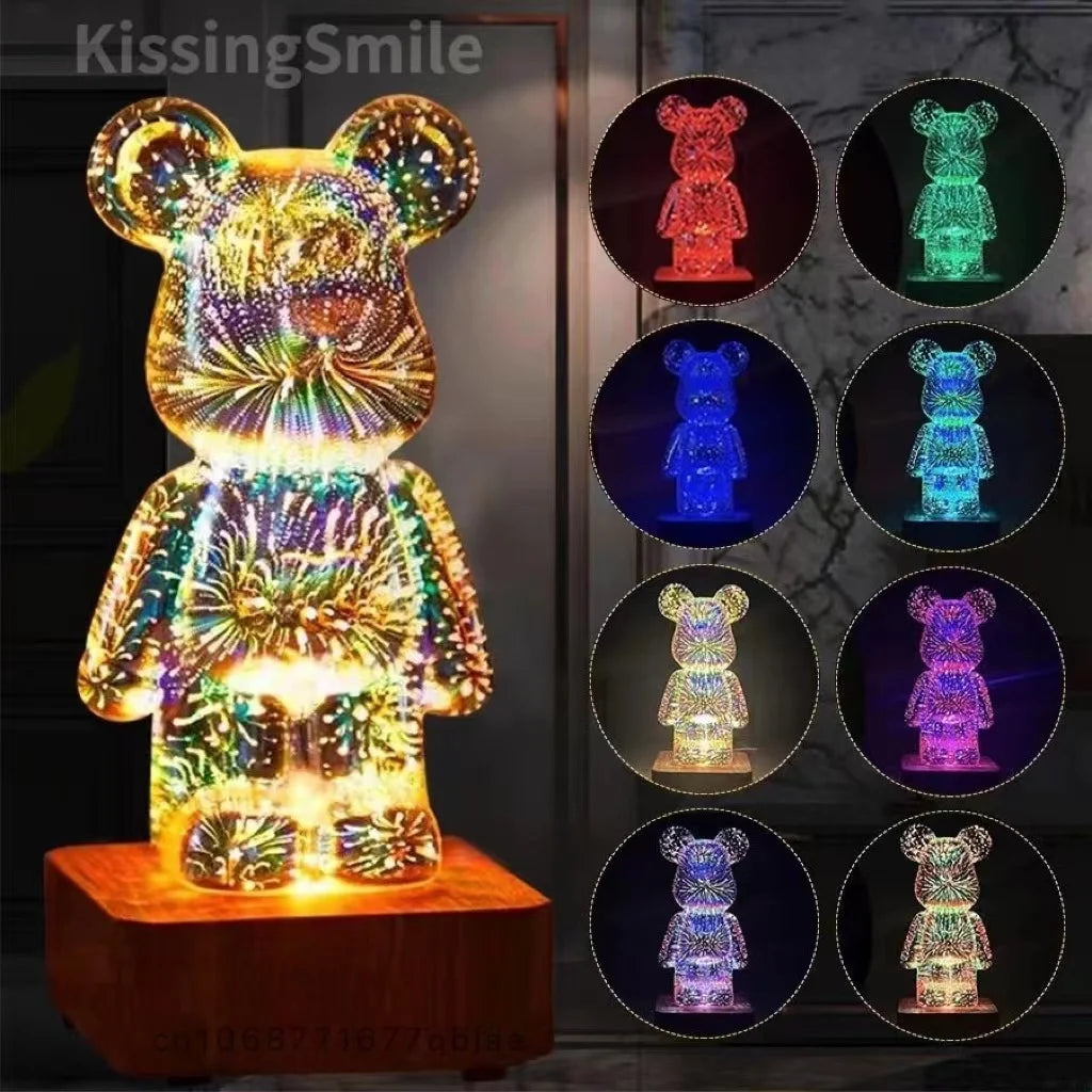 LED 3D Bear Firework Night Light - USB Projector Lamp with Color-Changing Ambient Lighting for Children’s Room & Bedroom Decoration