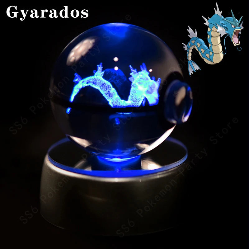 3D Pokemon Crystal Ball Night Light with LED Base – Pikachu, Gengar, Mew, and More