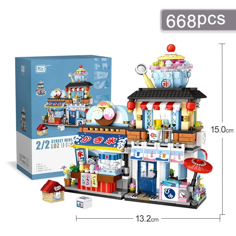 street view building blocks set – izakaya, takoyaki, shaved ice shop, coffee shop, panda tea house model