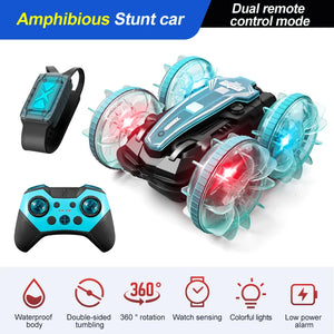 LED Amphibious RC Stunt Car – Dual Remote Control, Waterproof, 360° Flip & Drift