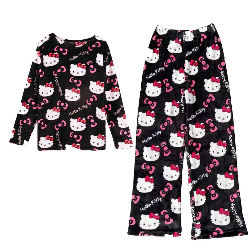 Hello kitty flannel winter clothes set – cute plush cartoon home wear