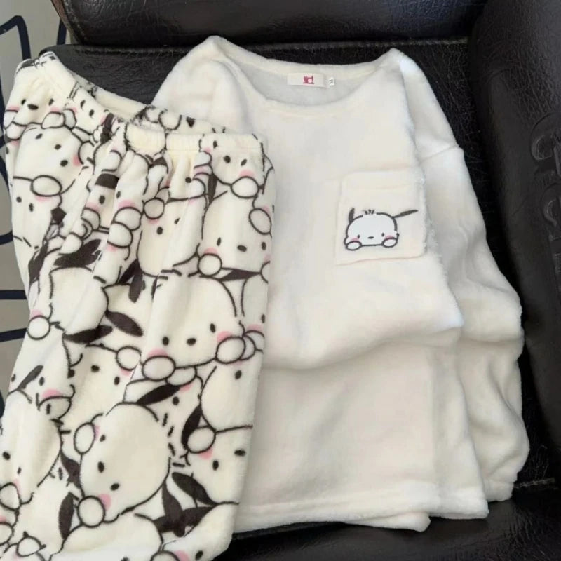 Sanrio Coral Velvet Winter Pajamas - Hello Kitty & Pochacco