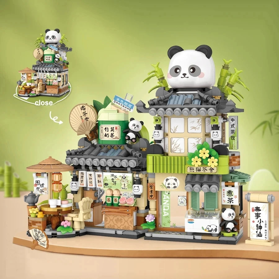 street view building blocks set – izakaya, takoyaki, shaved ice shop, coffee shop, panda tea house model