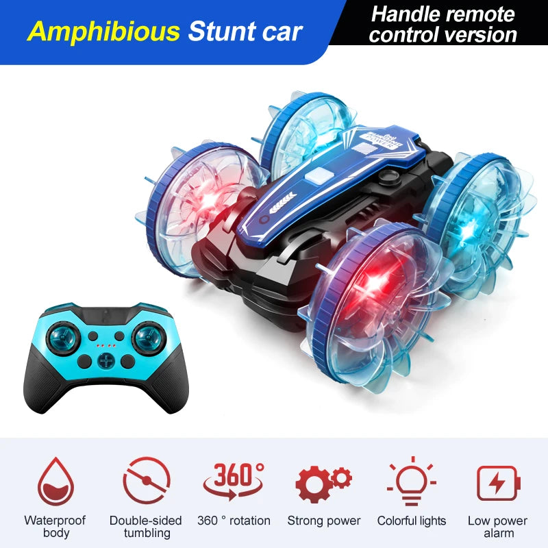 LED Amphibious RC Stunt Car – Dual Remote Control, Waterproof, 360° Flip & Drift