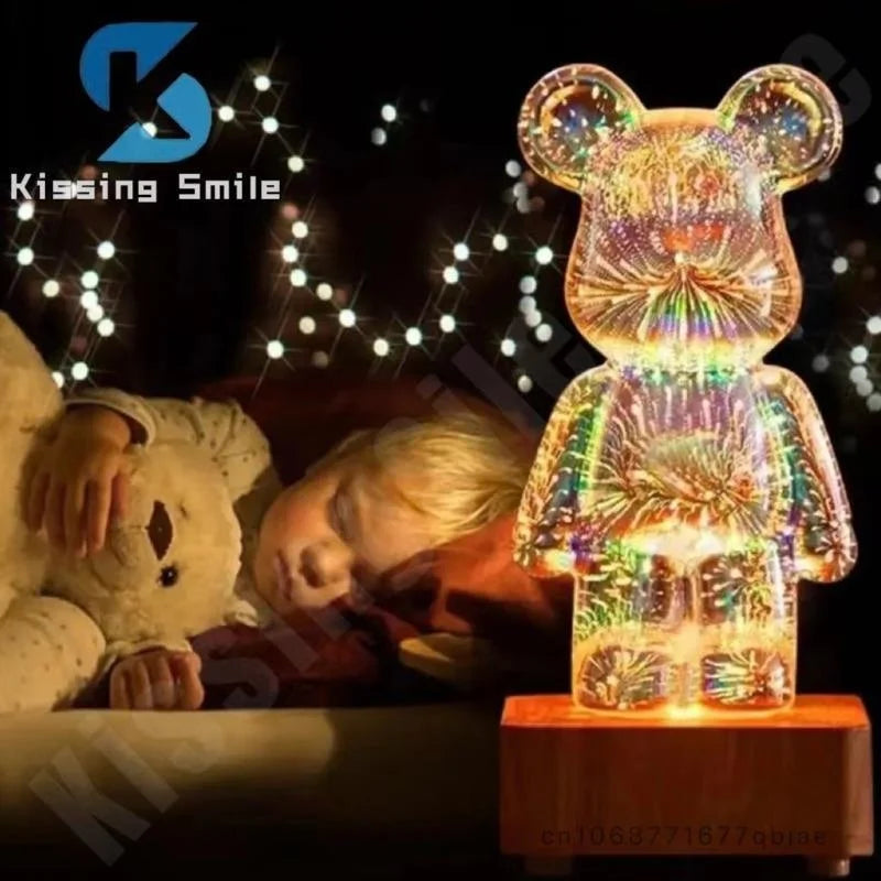 LED 3D Bear Firework Night Light - USB Projector Lamp with Color-Changing Ambient Lighting for Children’s Room & Bedroom Decoration