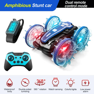 LED Amphibious RC Stunt Car – Dual Remote Control, Waterproof, 360° Flip & Drift