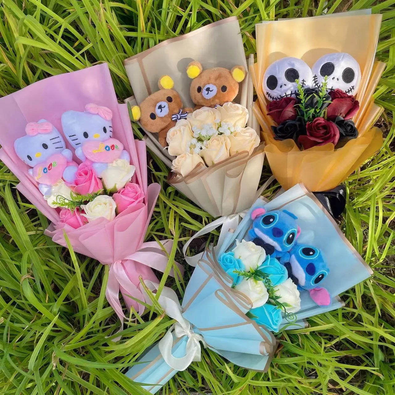 Cartoon Anime KT Cat, Stitch, Jack Skellington Plush Doll Bouquets - Perfect for Graduation, Birthday, Christmas, and Valentine’s Gifts