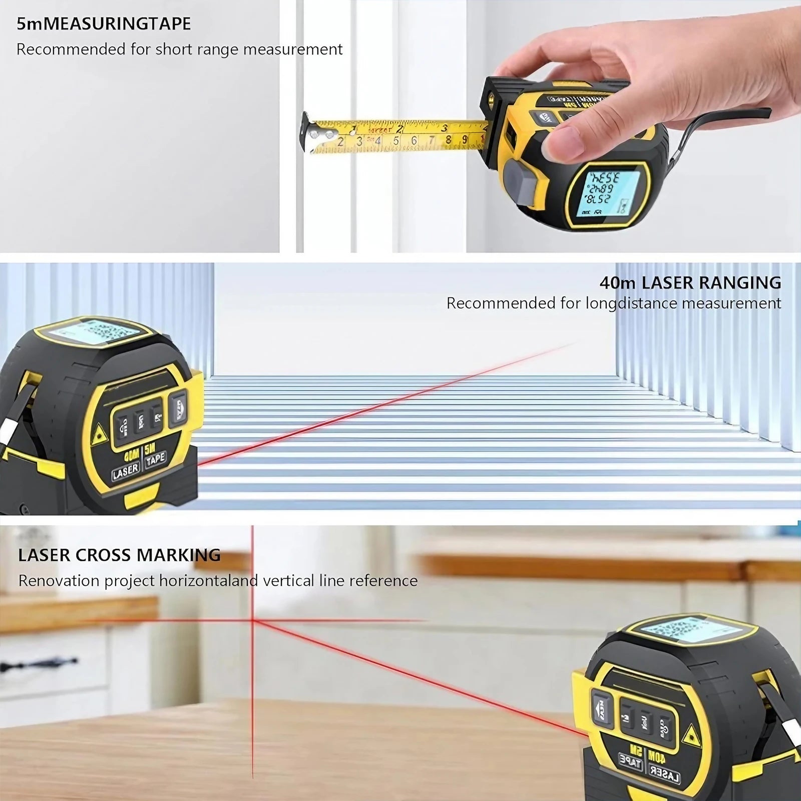 3-in-1 Laser Tape Measure | 40/60M High Precision Measuring Tool with Digital Display & Steel Tape