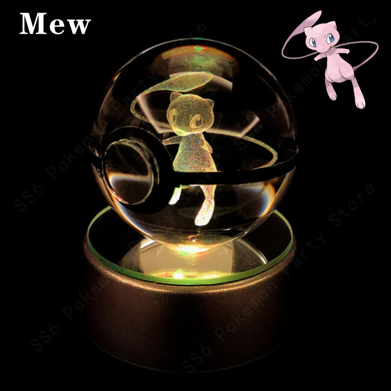 3D Pokemon Crystal Ball Night Light with LED Base – Pikachu, Gengar, Mew, and More