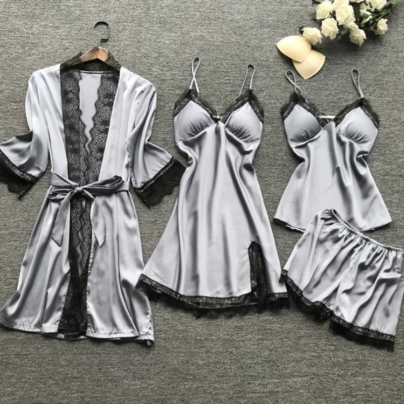 4 Pieces Women's Sexy Lace Pajamas - V-Neck Nightdress with Chest Pads for Summer Comfort