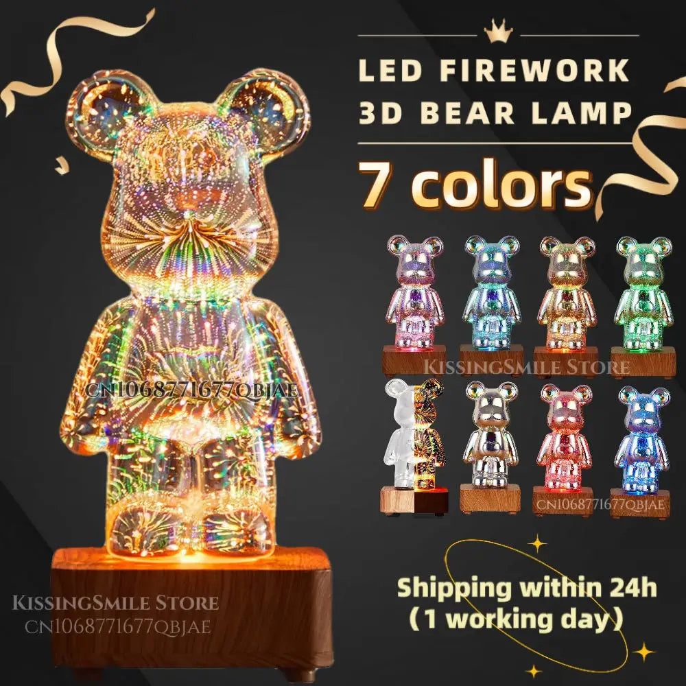 LED 3D Bear Firework Night Light - USB Projector Lamp with Color-Changing Ambient Lighting for Children’s Room & Bedroom Decoration