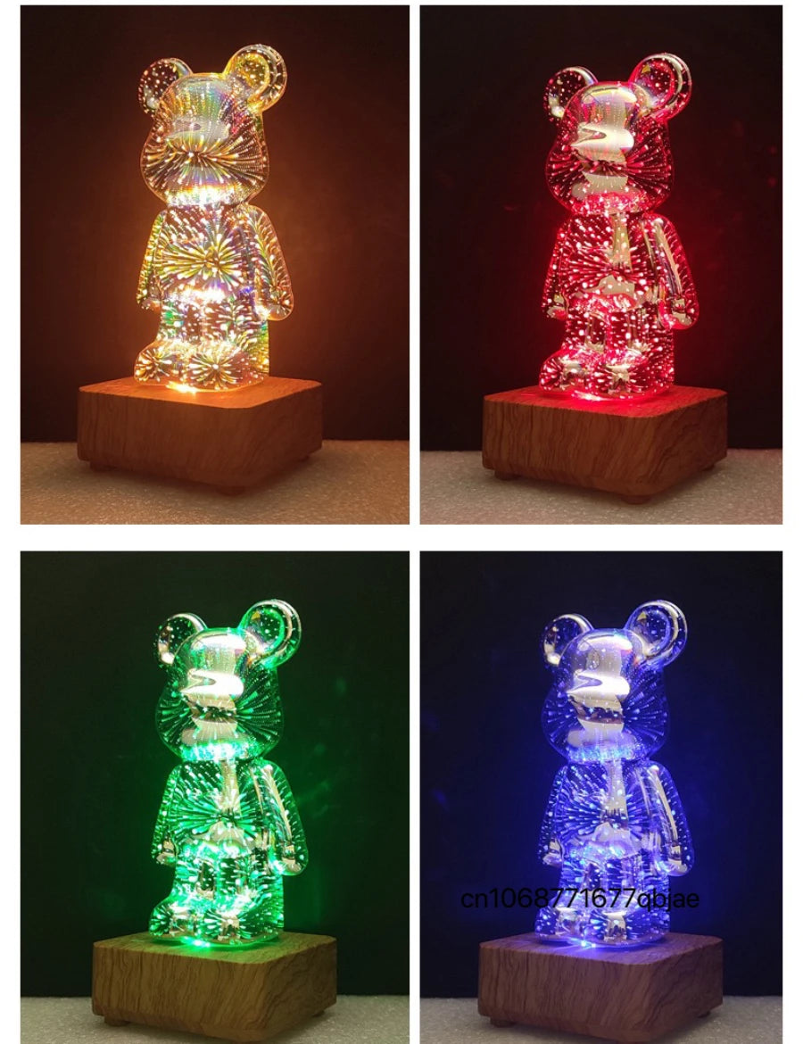 LED 3D Bear Firework Night Light - USB Projector Lamp with Color-Changing Ambient Lighting for Children’s Room & Bedroom Decoration