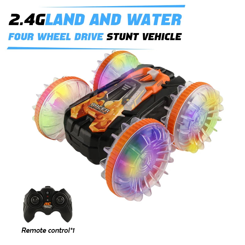 LED Amphibious RC Stunt Car – Dual Remote Control, Waterproof, 360° Flip & Drift