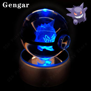 3D Pokemon Crystal Ball Night Light with LED Base – Pikachu, Gengar, Mew, and More