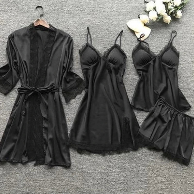 4 Pieces Women's Sexy Lace Pajamas - V-Neck Nightdress with Chest Pads for Summer Comfort